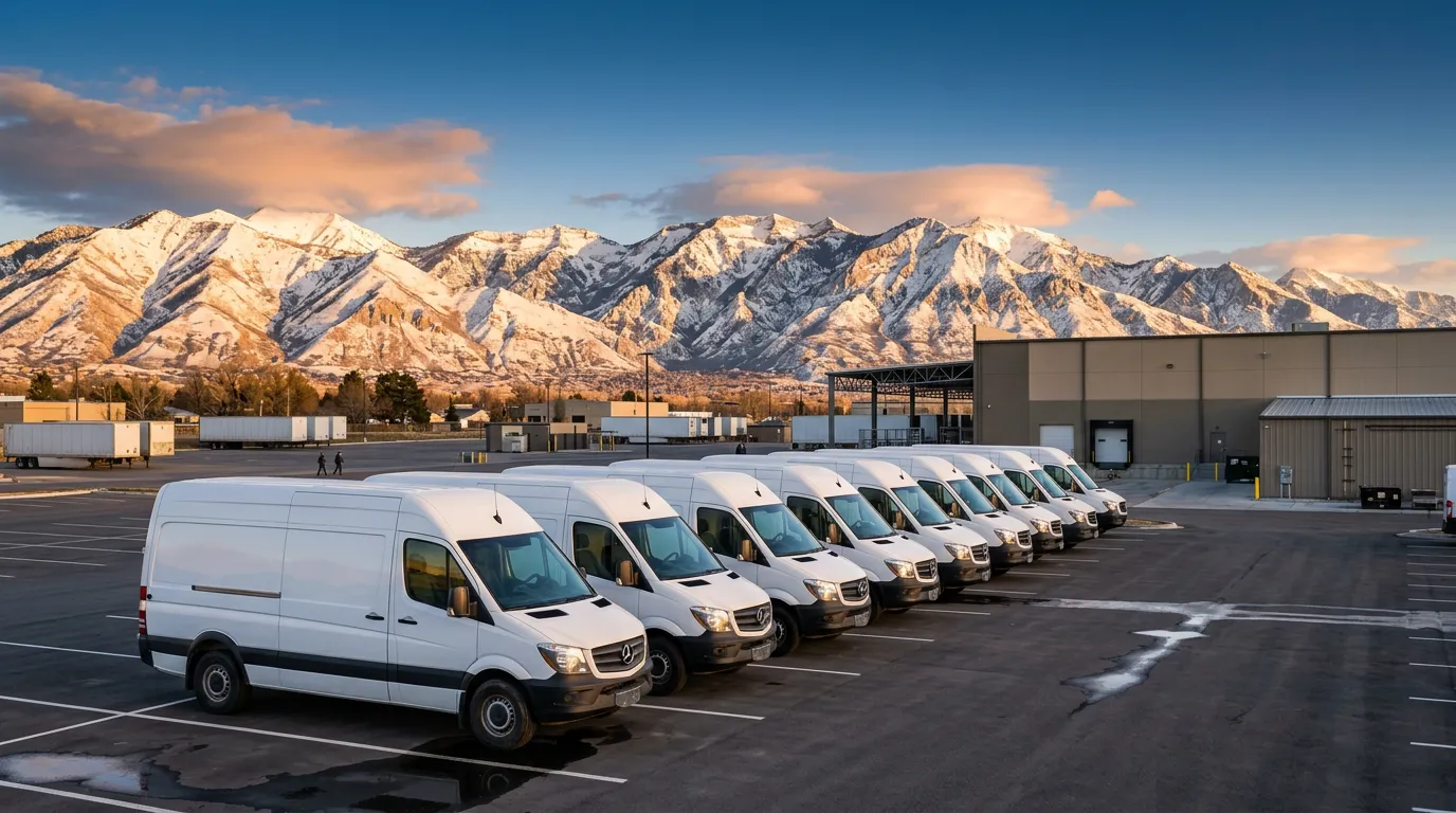 A fleet of white delivery vans at a depot beneath snow-capped Utah mountains