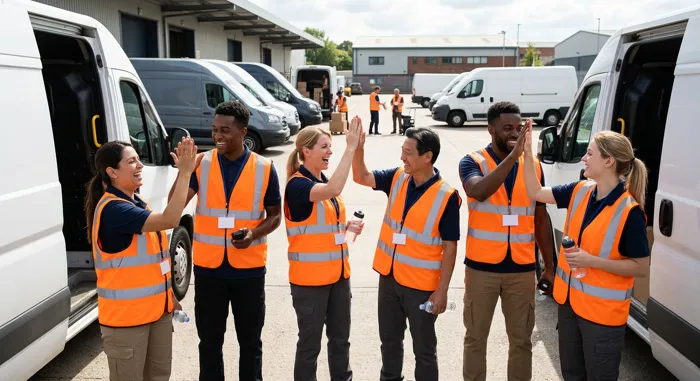 Logical Delivery drivers high-fiving in front of their vans